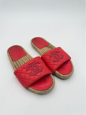 Chanel Red Espadrille Slide Sandals Womens Size 8/38
